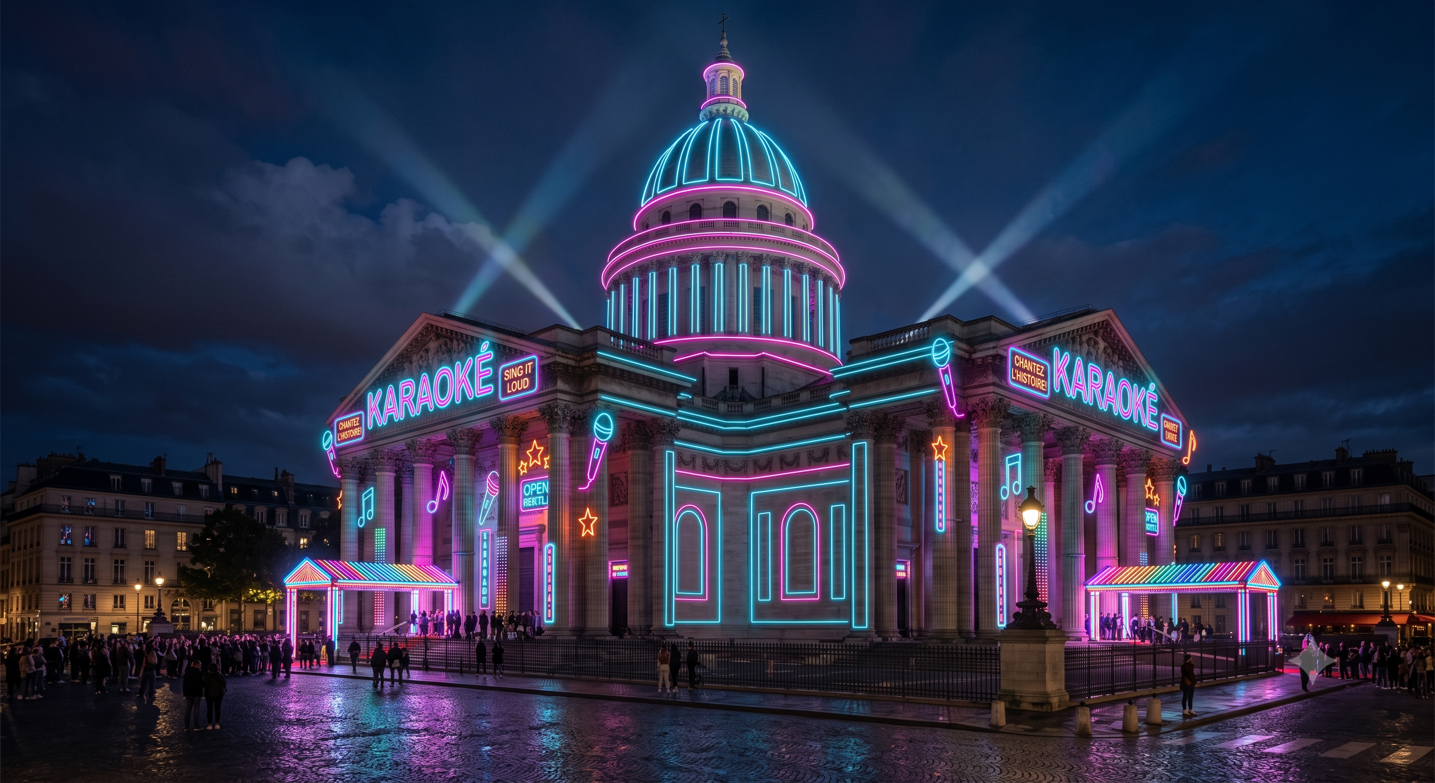 Le Panthéon de Paris illuminé aux couleurs néon karaoké
